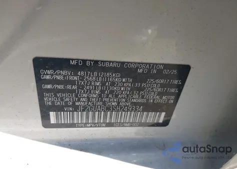 2025 Subaru Crosstrek из США, поврежденный, VIN JF2GUABC3SH249334